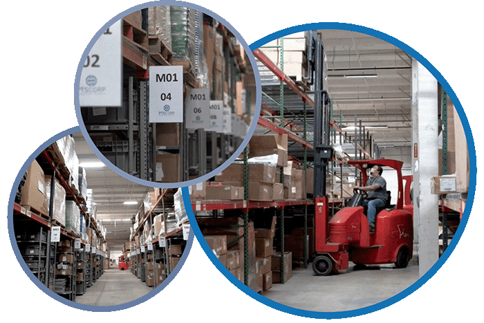 A warehouse scene with inventory on shelves and forklifts moving material demonstrating vendor-managed inventory and fulfillment services.